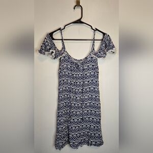 46. Navy and White Off The Shoulder Patterned Dress